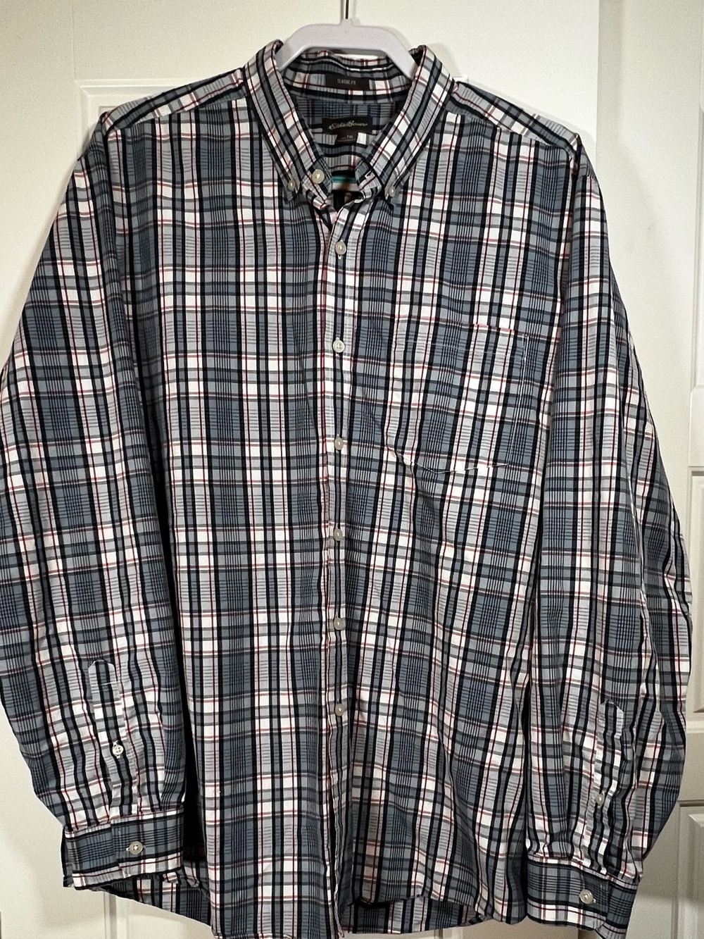 Eddie Bauer Navy, White & Red Plaid Button-Down Shirt Men’s Tall XL